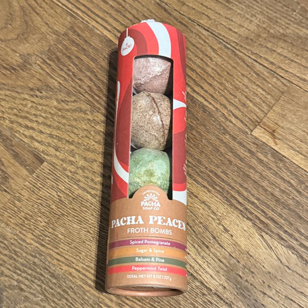 Pacha 4 Pack Bath Bombs Spiced Pomegranate Sugar‎ Spice Balsam & Pine Peppermint